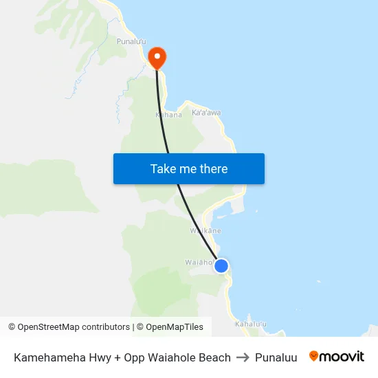 Kamehameha Hwy + Opp Waiahole Beach to Punaluu map