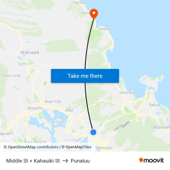 Middle St + Kahauiki St to Punaluu map
