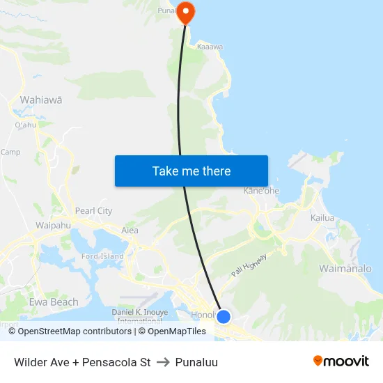 Wilder Ave + Pensacola St to Punaluu map