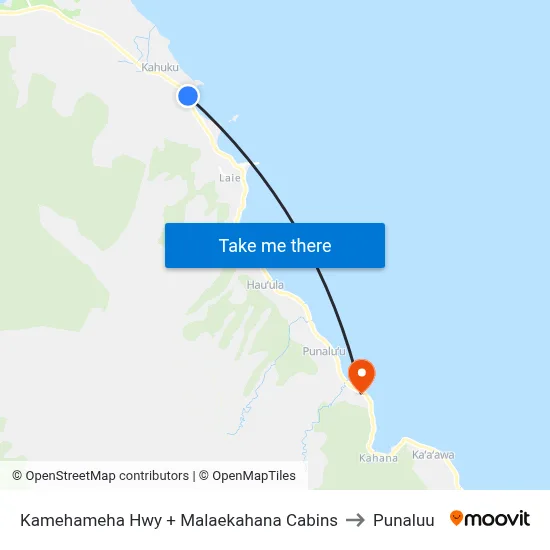 Kamehameha Hwy + Malaekahana Cabins to Punaluu map