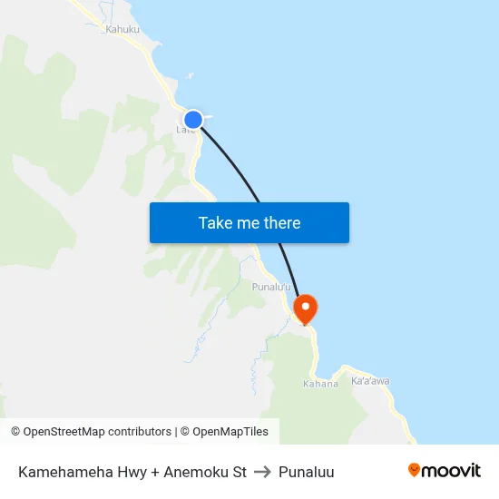 Kamehameha Hwy + Anemoku St to Punaluu map