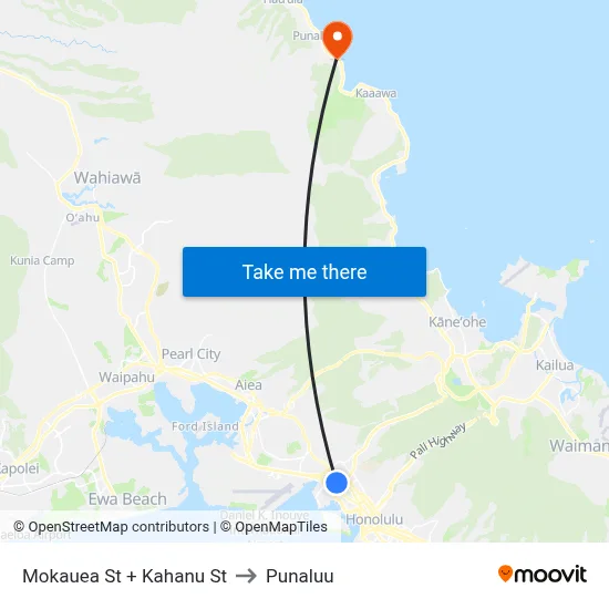 Mokauea St + Kahanu St to Punaluu map