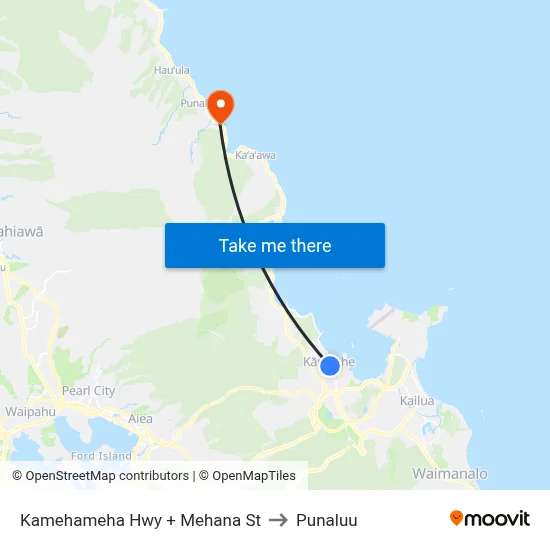 Kamehameha Hwy + Mehana St to Punaluu map
