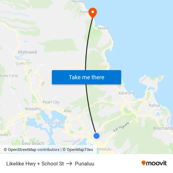 Likelike Hwy + School St to Punaluu map