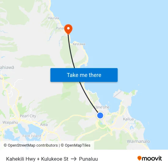 Kahekili Hwy + Kulukeoe St to Punaluu map