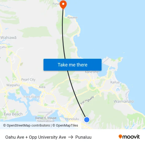 Oahu Ave + Opp University Ave to Punaluu map