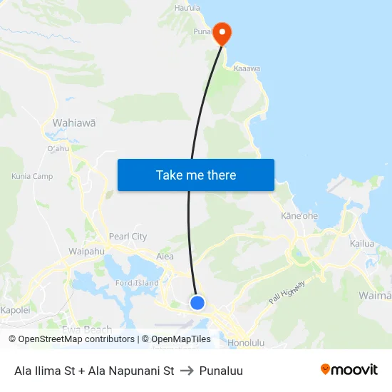 Ala Ilima St + Ala Napunani St to Punaluu map