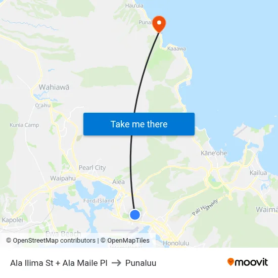 Ala Ilima St + Ala Maile Pl to Punaluu map