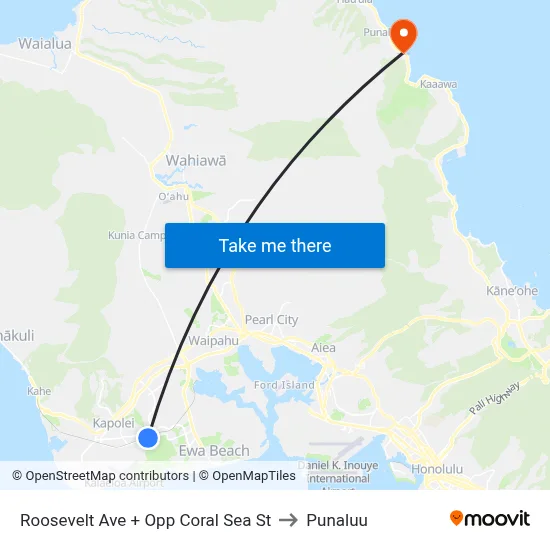 Roosevelt Ave + Opp Coral Sea St to Punaluu map