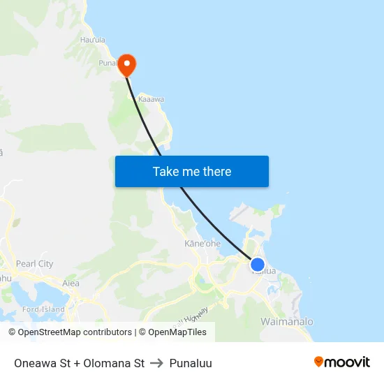 Oneawa St + Olomana St to Punaluu map