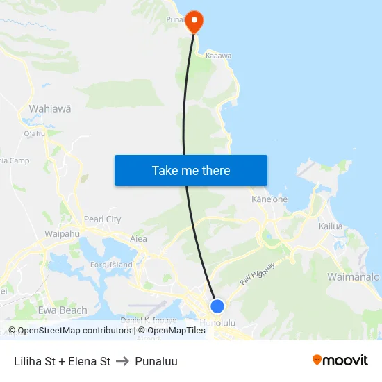Liliha St + Elena St to Punaluu map