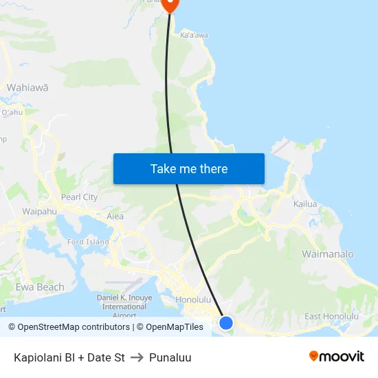 Kapiolani Bl + Date St to Punaluu map