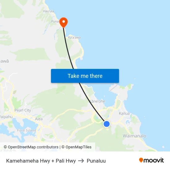 Kamehameha Hwy + Pali Hwy to Punaluu map