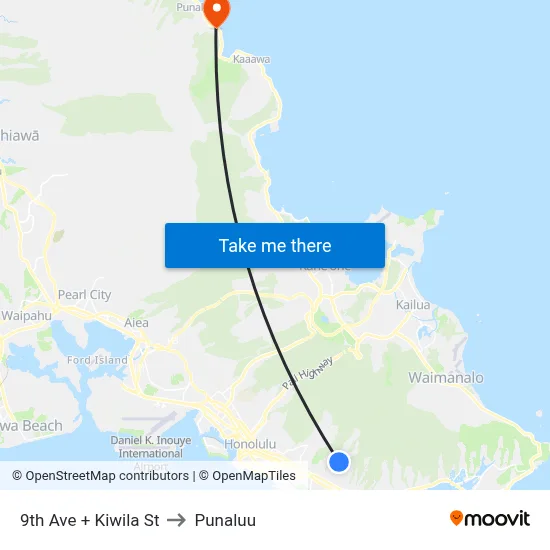 9th Ave + Kiwila St to Punaluu map