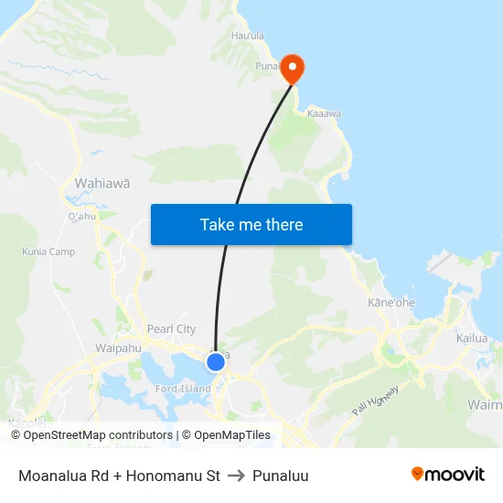 Moanalua Rd + Honomanu St to Punaluu map