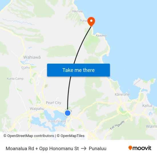 Moanalua Rd + Opp Honomanu St to Punaluu map
