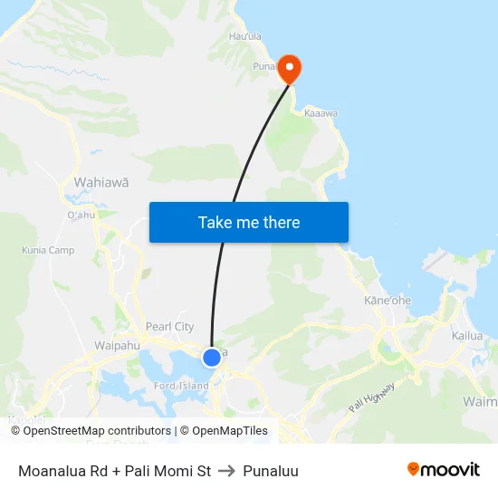 Moanalua Rd + Pali Momi St to Punaluu map