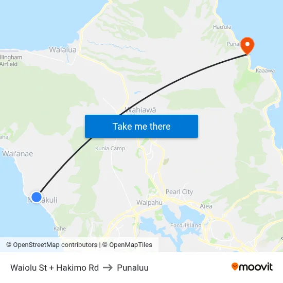 Waiolu St + Hakimo Rd to Punaluu map