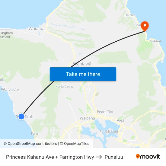 Princess Kahanu Ave + Farrington Hwy to Punaluu map