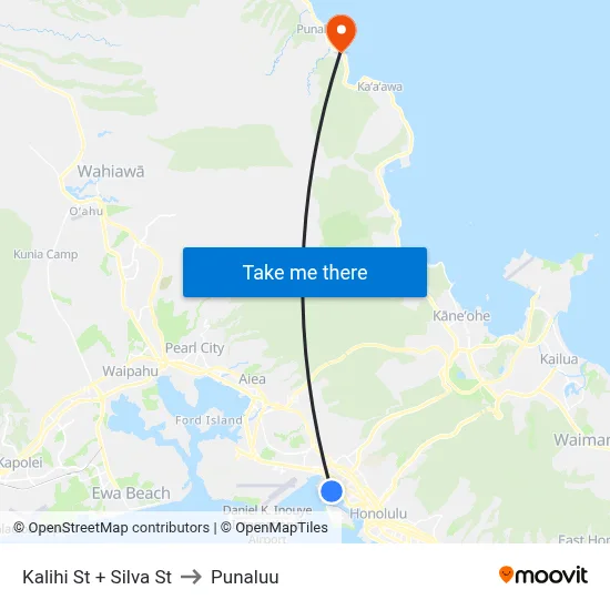 Kalihi St + Silva St to Punaluu map