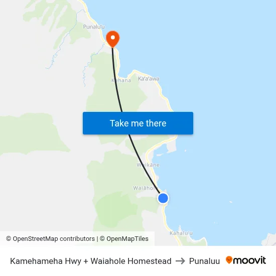 Kamehameha Hwy + Waiahole Homestead to Punaluu map