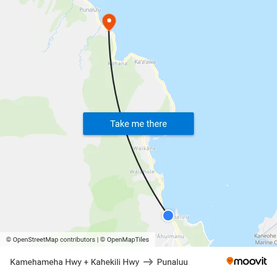 Kamehameha Hwy + Kahekili Hwy to Punaluu map