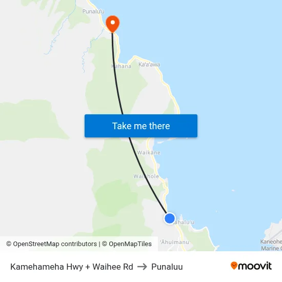 Kamehameha Hwy + Waihee Rd to Punaluu map