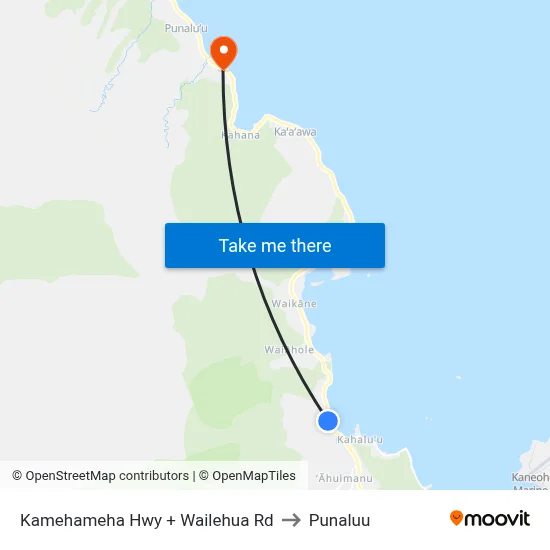Kamehameha Hwy + Wailehua Rd to Punaluu map