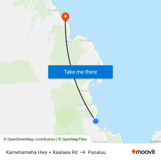 Kamehameha Hwy + Kaalaea Rd to Punaluu map
