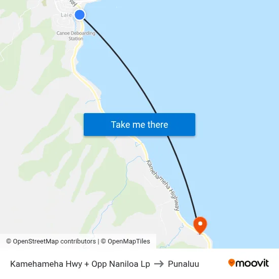 Kamehameha Hwy + Opp Naniloa Lp to Punaluu map