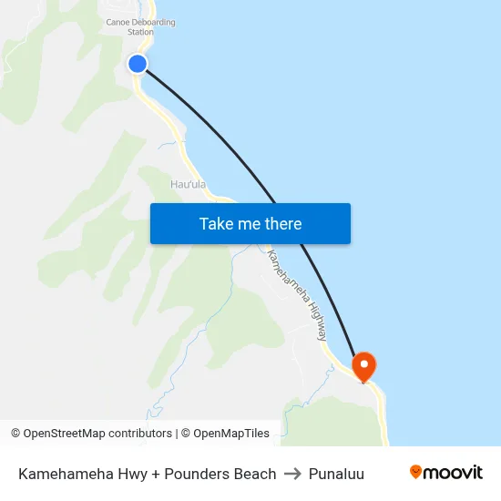 Kamehameha Hwy + Pounders Beach to Punaluu map