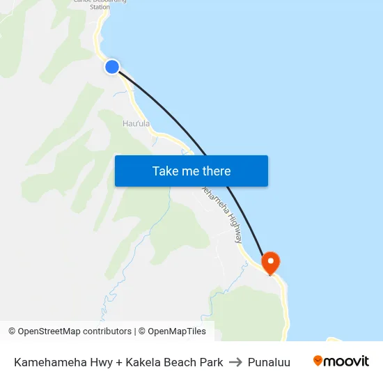 Kamehameha Hwy + Kakela Beach Park to Punaluu map