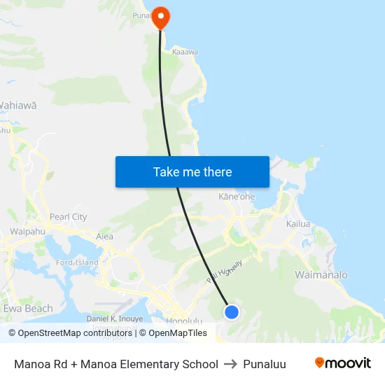 Manoa Rd + Manoa Elementary School to Punaluu map