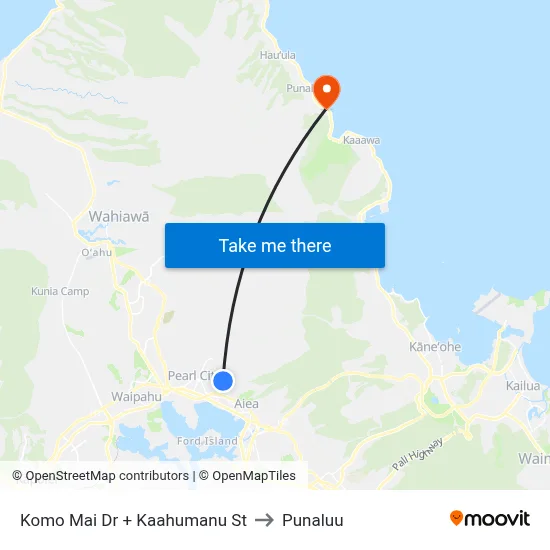 Komo Mai Dr + Kaahumanu St to Punaluu map
