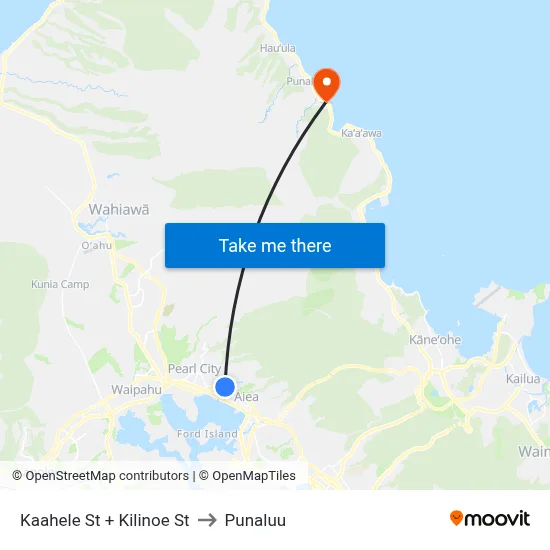 Kaahele St + Kilinoe St to Punaluu map