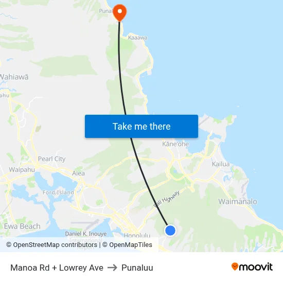 Manoa Rd + Lowrey Ave to Punaluu map