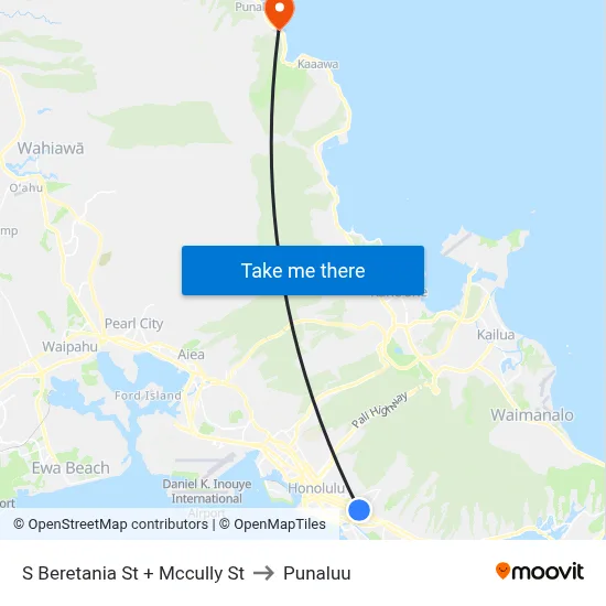 S Beretania St + Mccully St to Punaluu map