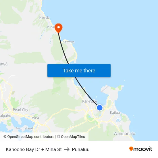 Kaneohe Bay Dr + Miha St to Punaluu map