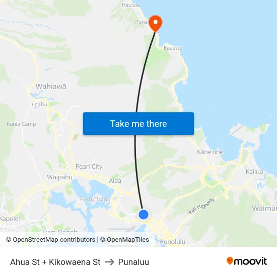 Ahua St + Kikowaena St to Punaluu map