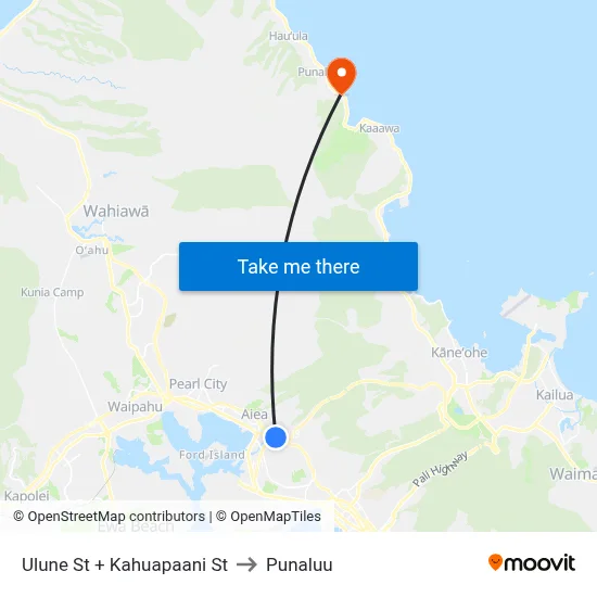 Ulune St + Kahuapaani St to Punaluu map
