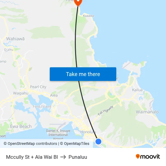 Mccully St + Ala Wai Bl to Punaluu map