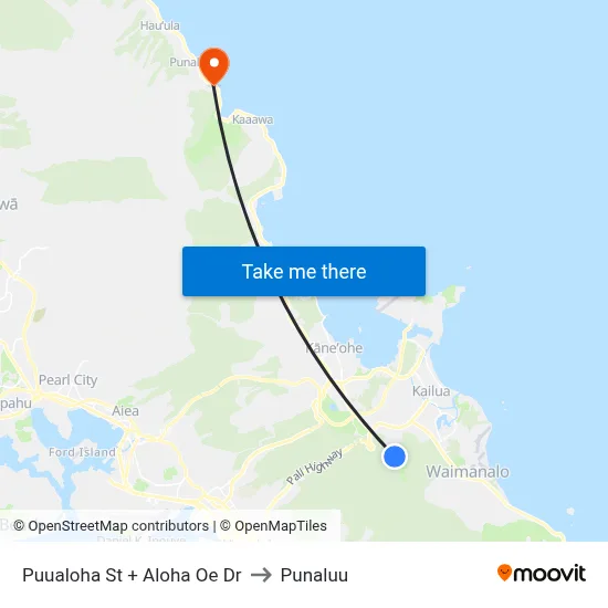 Puualoha St + Aloha Oe Dr to Punaluu map