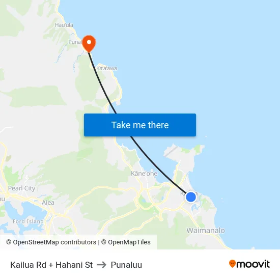 Kailua Rd + Hahani St to Punaluu map