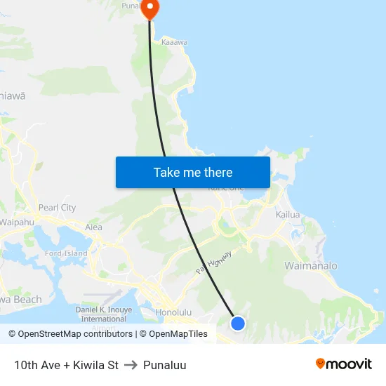10th Ave + Kiwila St to Punaluu map