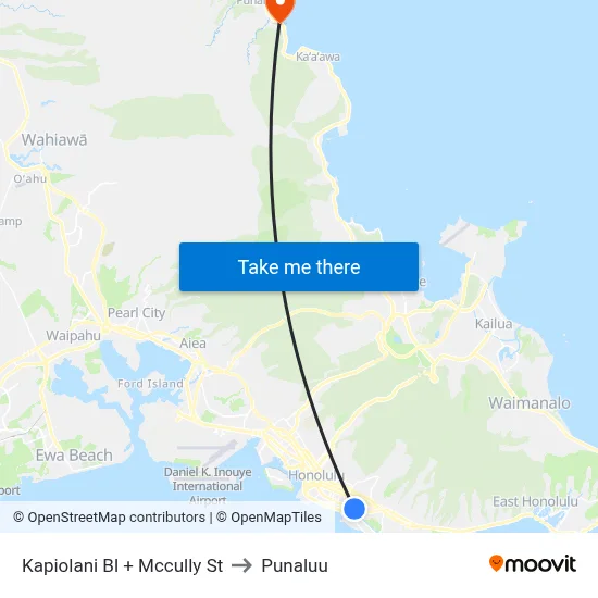 Kapiolani Bl + Mccully St to Punaluu map