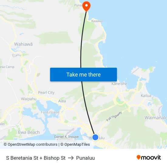 S Beretania St + Bishop St to Punaluu map