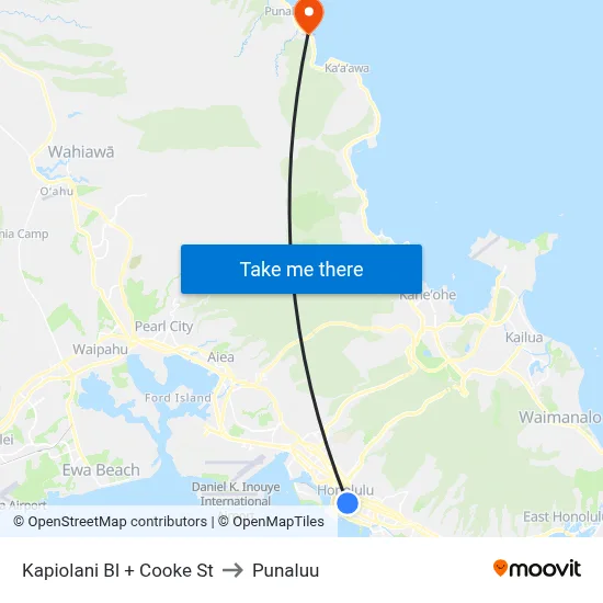 Kapiolani Bl + Cooke St to Punaluu map