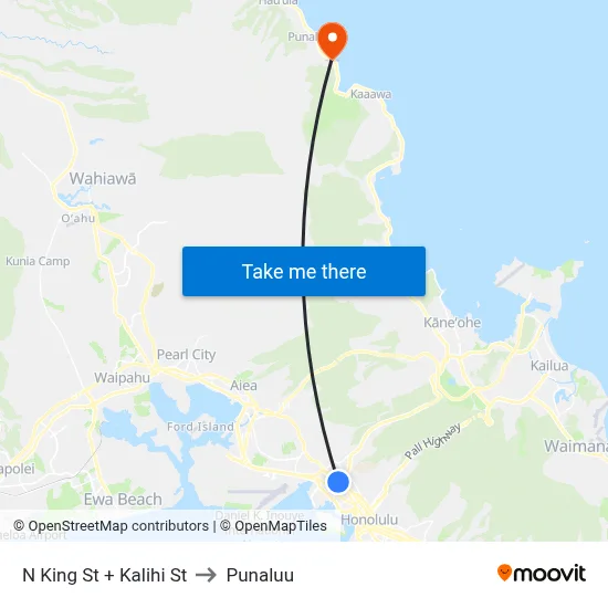 N King St + Kalihi St to Punaluu map