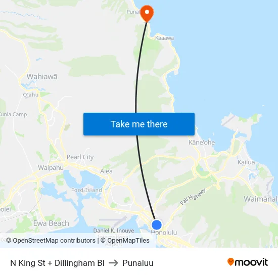 N King St + Dillingham Bl to Punaluu map