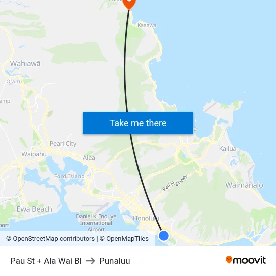 Pau St + Ala Wai Bl to Punaluu map